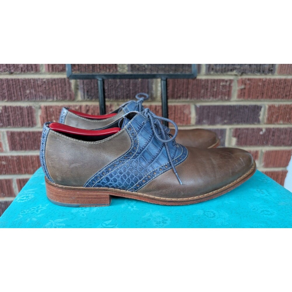 Cole Haan Air Colton Saddle Shoes Taupe Brown w/Blue Croc Embossed Leather Men 9